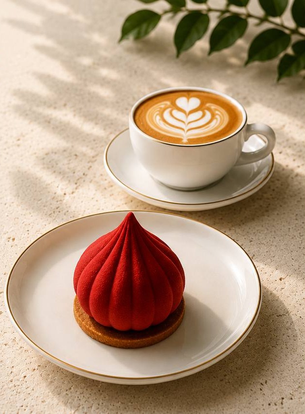 Red signature mousse dessert with cappuccino in white porcelain cups